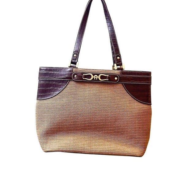 Etienne Aigner Women's Tan Woven Square Tote‎ Bag Crocodile Print - Picture 1 of 9